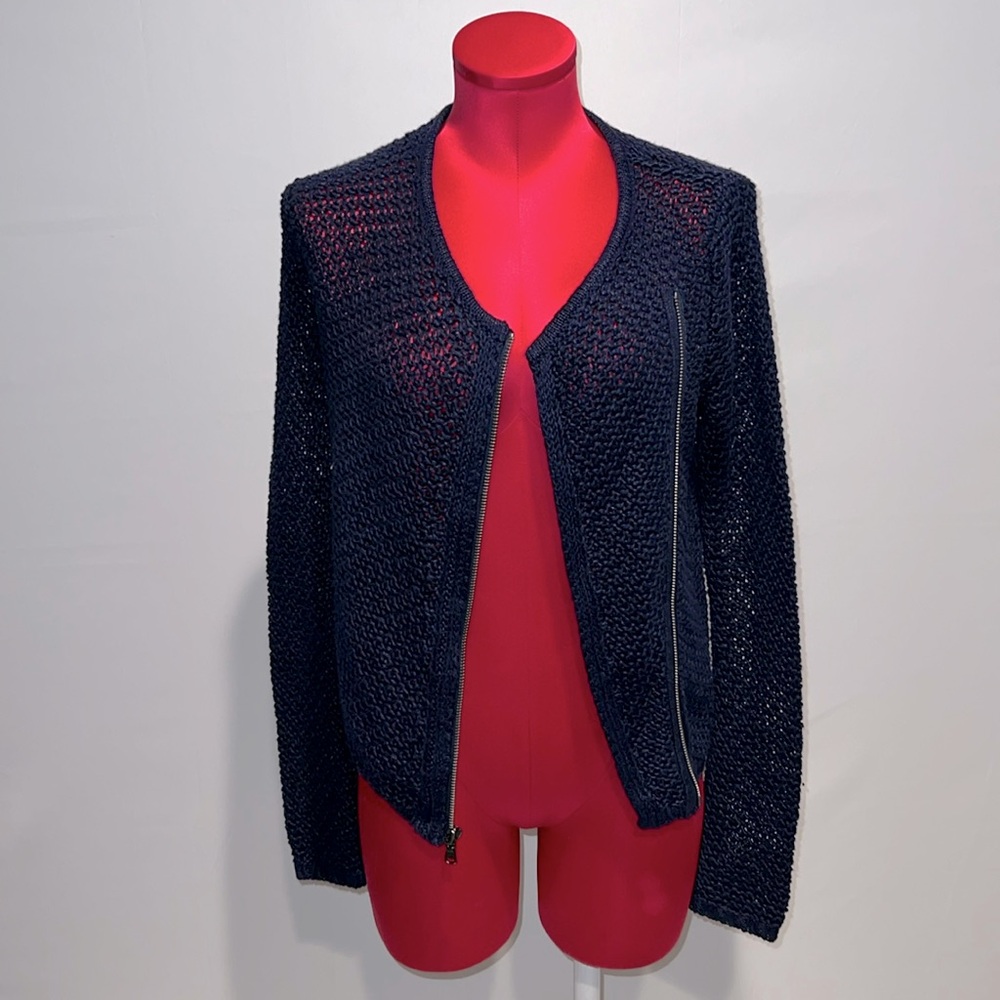 Navy Gap Linen Moto Knit Jacket in navy uniform